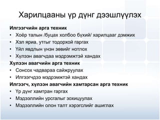 Харилцааны үр дүнг дээшлүүлэх
Илгээгчийн арга техник
• Хоёр талын /буцах холбоо бүхий/ харилцааг дэмжих
• Хэл яриа, утгыг тодорхой гаргах
• Үйл явдлын үнэн зөвийг нотлох
• Хүлээн авагчдаа мэдрэмжтэй хандах
Хүлээн авагчийн арга техник
• Сонсох чадвараа сайжруулах
• Илгээгчдээ мэдрэмжтэй хандах
Илгээгч, хүлээн авагчийн хамтарсан арга техник
• Үр дүнг хамтран гаргах
• Мэдээллийн урсгалыг зохицуулах
• Мэдээллийн олон талт хэрэгслийг ашиглах
 