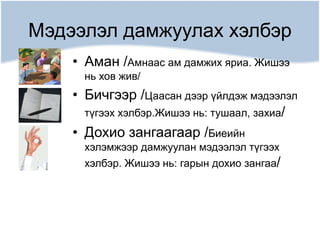 Мэдээлэл дамжуулах хэлбэр
• Аман /Амнаас ам дамжих яриа. Жишээ
нь хов жив/
• Бичгээр /Цаасан дээр үйлдэж мэдээлэл
түгээх хэлбэр.Жишээ нь: тушаал, захиа/
• Дохио зангаагаар /Биеийн
хэлэмжээр дамжуулан мэдээлэл түгээх
хэлбэр. Жишээ нь: гарын дохио зангаа/
 