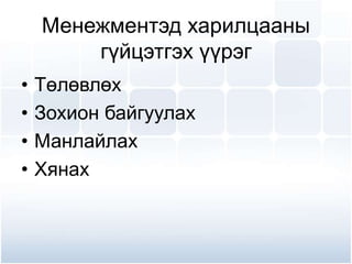 Менежментэд харилцааны
гүйцэтгэх үүрэг
• Төлөвлөх
• Зохион байгуулах
• Манлайлах
• Хянах
 
