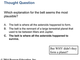 But WHY didn't they
form a planet?
Thought Question
Which explanation for the belt seems the most
plausible?
A. The belt is where all the asteroids happened to form.
B. The belt is the remnant of a large terrestrial planet that
used to be between Mars and Jupiter.
C. The belt is where all the asteroids happened to
survive.
 