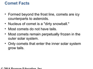 Comet Facts
• Formed beyond the frost line, comets are icy
counterparts to asteroids.
• Nucleus of comet is a "dirty snowball."
• Most comets do not have tails.
• Most comets remain perpetually frozen in the
outer solar system.
• Only comets that enter the inner solar system
grow tails.
 