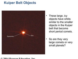 Kuiper Belt Objects
• These large, icy
objects have orbits
similar to the smaller
objects in the Kuiper
belt that become
short period comets.
• So are they very
large comets or very
small planets?
 