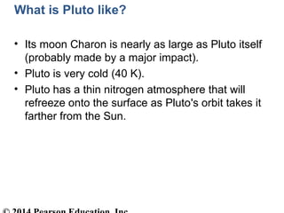 What is Pluto like?
• Its moon Charon is nearly as large as Pluto itself
(probably made by a major impact).
• Pluto is very cold (40 K).
• Pluto has a thin nitrogen atmosphere that will
refreeze onto the surface as Pluto's orbit takes it
farther from the Sun.
 