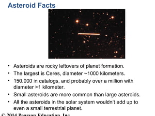 • Asteroids are rocky leftovers of planet formation.
• The largest is Ceres, diameter ~1000 kilometers.
• 150,000 in catalogs, and probably over a million with
diameter >1 kilometer.
• Small asteroids are more common than large asteroids.
• All the asteroids in the solar system wouldn't add up to
even a small terrestrial planet.
Asteroid Facts
 