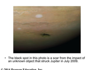 • The black spot in this photo is a scar from the impact of
an unknown object that struck Jupiter in July 2009.
 