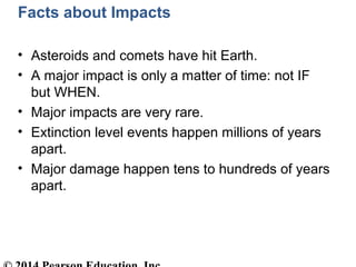 Facts about Impacts
• Asteroids and comets have hit Earth.
• A major impact is only a matter of time: not IF
but WHEN.
• Major impacts are very rare.
• Extinction level events happen millions of years
apart.
• Major damage happen tens to hundreds of years
apart.
 