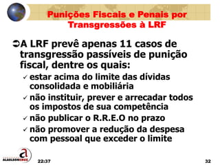 22:37 32
A LRF prevê apenas 11 casos de
transgressão passíveis de punição
fiscal, dentre os quais:
 estar acima do limite das dívidas
consolidada e mobiliária
 não instituir, prever e arrecadar todos
os impostos de sua competência
 não publicar o R.R.E.O no prazo
 não promover a redução da despesa
com pessoal que exceder o limite
Punições Fiscais e Penais por
Transgressões à LRF
 