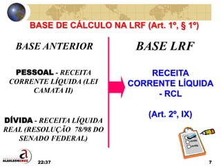22:37 7
BASE ANTERIOR BASE LRF
PESSOAL - RECEITA
CORRENTE LÍQUIDA (LEI
CAMATA II)
DÍVIDA - RECEITA LÍQUIDA
REAL (RESOLUÇÃO 78/98 DO
SENADO FEDERAL)
RECEITA
CORRENTE LÍQUIDA
- RCL
(Art. 2º, IX)
BASE DE CÁLCULO NA LRF (Art. 1º, § 1º)
 