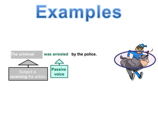 The criminal was arrested by the police.
Subject is
receiving the action.
Passive
voice
 