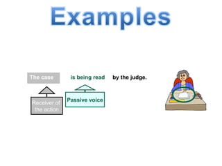 The case is being read by the judge.
Receiver of
the action
Passive voice
 