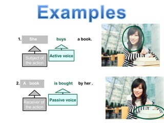 Practice 2
1. She buys a book.
Subject of
the action
Active voice
2. A book is bought by her .
Receiver of
the action
Passive voice
 