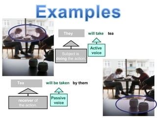 They will take tea
Tea will be taken by them
Subject is
doing the action.
Active
voice
receiver of
the action.
Passive
voice
 