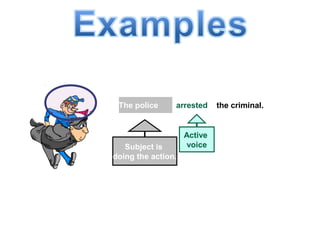 The police arrested the criminal.
Subject is
doing the action.
Active
voice
 