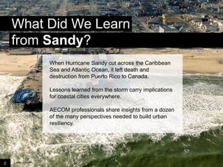 What Did We Learn
from Sandy?
When Hurricane Sandy cut across the
Caribbean Sea and Atlantic Ocean, it left death
and destruction from Puerto Rico to Canada.
Lessons learned from the storm carry
implications for coastal cities everywhere.
AECOM professionals share insights from a
dozen of the many perspectives needed to build
urban resiliency.

2

Image credit: istockphoto

 