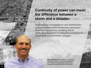 Continuity of power can mean
the difference between a
storm and a disaster.
High-voltage transmission and distribution
systems need storm hardening measures—
elevating equipment, building storm walls,
development of mitigation procedures—to
prevent and minimize outages.

Steve Martocello, PE, AECOM sr. vice president
of energy and power, is guiding the Northeast
Grid Reliability Program which includes storm
hardening of selected PSE&G critical facilities.

25

Image credit: istockphoto

 