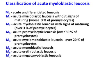 Classification of acute myeloblastic leucosis
M0 - acute undifferentiated leucosis
M1 - acute myeloblastic leucosis without signs of
maturing (worse 3 % of promyelocytes)
M2 - acute myeloblastic leucosis with signs of maturing
(over 3 % of promyelocytes)
M3 - acute promyelocytic leucosis (over 30 % of
promyelocytes)
M4 - acute myelomonoblastic leucosis - over 20 % of
promyelocytes
M5 - acute monoblastic leucosis
M6 - acute erythroblastic leucosis
M7 - acute megacaryoblastic leucosis
 