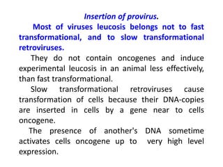 Insertion of provirus.
Most of viruses leucosis belongs not to fast
transformational, and to slow transformational
retroviruses.
They do not contain oncogenes and induce
experimental leucosis in an animal less effectively,
than fast transformational.
Slow transformational retroviruses cause
transformation of cells because their DNA-copies
are inserted in cells by a gene near to cells
oncogene.
The presence of another's DNA sometime
activates cells oncogene up to very high level
expression.
 