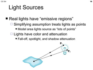 Light Sources Real lights have “emissive regions” Simplifying assumption treats lights as points Model area lights source as “lots of points” Lights have color and attenuation Fall-off, spotlight, and shadow attenuation 