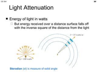 Light Attenuation Energy of light in watts But energy received over a distance surface falls off with the inverse square of the distance from the light Steradian  (st) is measure of solid angle 