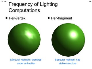 Frequency of Lighting Computations Per-vertex Per-fragment Specular highlight “wobbles” under animation Specular highlight has stable structure 