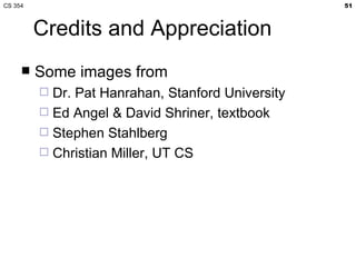 Credits and Appreciation Some images from Dr. Pat Hanrahan, Stanford University Ed Angel & David Shriner, textbook Stephen Stahlberg Christian Miller, UT CS 