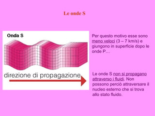 Le onde S



            Per questo motivo esse sono
            meno veloci (3 – 7 km/s) e
            giungono in superficie dopo le
            onde P…




            Le onde S non si propagano
            attraverso i fluidi. Non
            possono perciò attraversare il
            nucleo esterno che si trova
            allo stato fluido.
 