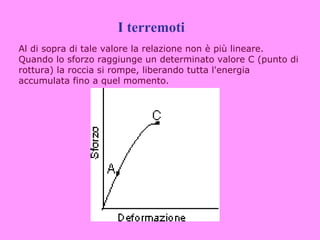 I terremoti
Al di sopra di tale valore la relazione non è più lineare.
Quando lo sforzo raggiunge un determinato valore C (punto di
rottura) la roccia si rompe, liberando tutta l'energia
accumulata fino a quel momento.
 