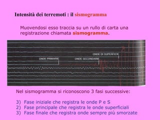 Intensità dei terremoti : il sismogramma

  Muovendosi esso traccia su un rullo di carta una
  registrazione chiamata sismogramma.




Nel sismogramma si riconoscono 3 fasi successive:

3) Fase iniziale che registra le onde P e S
2) Fase principale che registra le onde superficiali
3) Fase finale che registra onde sempre più smorzate
 