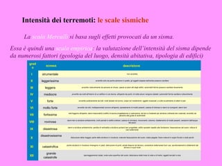 Intensità dei terremoti: le scale sismiche

     La scala Mercalli si basa sugli effetti provocati da un sisma.
Essa è quindi una scala empirica: la valutazione dell’intensità del sisma dipende
da numerosi fattori (geologia del luogo, densità abitativa, tipologia di edifici)
       grad
                 scossa                                                                                  descrizione
        o

         I     strumentale                                                                                    non avvertito


        II    leggerissima                                           avvertito solo da poche persone in quiete, gli oggetti sospesi esilmente possono oscillare


        III      leggera                           avvertito notevolmente da persone al chiuso, specie ai piani alti degli edifici; automobili ferme possono oscillare lievemente


        IV      mediocre              avvertito da molti all'interno di un edificio in ore diurne, all'aperto da pochi; di notte alcuni vengono destati; automobili ferme oscillano notevolmente


        V         forte                        avvertito praticamente da tutti, molti destati nel sonno; crepe nei rivestimenti, oggetti rovesciati; a volte scuotimento di alberi e pali


        VI     molto forte                   avvertito da tutti, moltispaventati corrono all'aperto; spostamento di mobili pesanti, caduta di intonaco e danni ai comignoli; danni lievi


                                  tutti fuggono all'aperto; danni trascurabili a edifici di buona progettazione e costruzione, da lievi a moderati per strutture ordinarie ben costruite; avvertito da
       VII      fortissima                                                                          persone alla guida di automobili

                                danni lievi a strutture antisismiche; crolli parziali in edifici ordinari; caduta di ciminiere, monumenti, colonne; ribaltamento di mobili pesanti; variazioni dell'acqua
       VIII     rovinosa                                                                                           dei pozzi

                                 danni a strutture antisismiche; perdita di verticalità a strutture portanti ben progettate; edifici spostati rispetto alle fondazioni; fessurazione del suolo; rottura di
        IX     disastrosa                                                                                     cavi sotterranei


              disastrosissima
        X                           distruzione della maggior parte delle strutture in muratura; notevole fessurazione del suolo; rotaie piegate; frane notevoli in argini fluviali o ripidi pendii



                                poche strutture in muratura rimangono in piedi; distruzione di ponti; ampie fessure nel terreno; condutture sotterranee fuori uso; sprofondamenti e slittamenti del
        XI     catastrofica                                                                            terreno in suoli molli


                  grande
       XII                                           danneggiamento totale; onde sulla superfice del suolo; distorsione delle linee di vista e di livello; oggetti lanciati in aria
                catastrofe
 