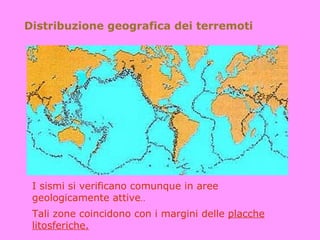 Distribuzione geografica dei terremoti




 I sismi si verificano comunque in aree
 geologicamente attive..
 Tali zone coincidono con i margini delle placche
 litosferiche.
 