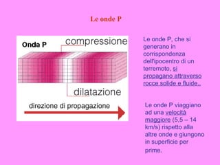 Le onde P

            Le onde P, che si
            generano in
            corrispondenza
            dell'ipocentro di un
            terremoto, si
            propagano attraverso
            rocce solide e fluide..


            Le onde P viaggiano
            ad una velocità
            maggiore (5,5 – 14
            km/s) rispetto alla
            altre onde e giungono
            in superficie per
            prime.
 