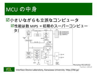 MCU の中身
小さいながらも立派なコンピュータ
      性能は数 MIPS ＝初期のスーパーコンピュー
       タ並




                                                                     Microchip PIC10F222
                                                                              Twitter→#lsi2
01/25/13   Interface Device Laboratory, Kanazawa University http://ifdl.jp/
 