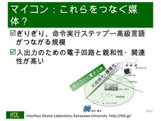 マイコン：これらをつなぐ媒
体？
ぎりぎり、命令実行ステップ〜高級言語
 がつながる規模
入出力のための電子回路と親和性・関連
 性が高い
                                                   作
                                                  工作
                                                  工
                                                子
                                              電子
                                               電
                                             ＋
                                           ン＋
                                            ン
                                          コ
                                        イコ
                                         イ
                                       マ
                                       マ




                                                                              Twitter→#lsi2
01/25/13   Interface Device Laboratory, Kanazawa University http://ifdl.jp/
 