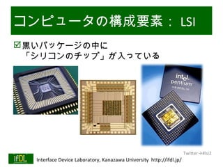 コンピュータの構成要素： LSI
 黒いパッケージの中に
  「シリコンのチップ」が入っている




                                                                              Twitter→#lsi2
01/25/13   Interface Device Laboratory, Kanazawa University http://ifdl.jp/
 