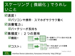 スケーリング（微細化）でうれし
いこと
速度↑
      パソコンや携帯・スマホがサクサク動く
消費電力↓
      バッテリーが長持ち
集積度↑：２つの意味
      機能↑                                             同一面積チップで 4 倍の MOS 数
                                                       ＝ 4 倍の機能



      コスト↓                                             同一 MOS 数が 1/4 の面積
                                                        ＝ 1/4 のコスト

                                                                              Twitter→#lsi2
01/25/13   Interface Device Laboratory, Kanazawa University http://ifdl.jp/
 