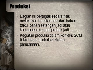 Produksi Bagian ini bertugas secara fisik melakukan transformasi dari bahan baku, bahan setengan jadi atau komponen menjadi produk jadi. Kegiatan produksi dalam konteks SCM tidak harus dilakukan dalam perusahaan. 