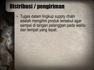 Distribusi / pengiriman Tugas dalam lingkup supply chain adalah mengirim produk tersebut agar sampai di tangan pelanggan pada waktu dan tempat yang tepat. 