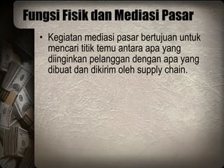 Fungsi Fisik dan Mediasi Pasar Kegiatan mediasi pasar bertujuan untuk mencari titik temu antara apa yang diinginkan pelanggan dengan apa yang dibuat dan dikirim oleh supply chain. 