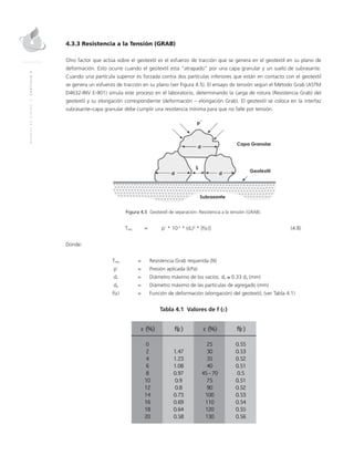 MANUALDEDISEÑO|CAPÍTULO4
4.3.3 Resistencia a la Tensión (GRAB)
Otro factor que actúa sobre el geotextil es el esfuerzo de tracción que se genera en el geotextil en su plano de
deformación. Esto ocurre cuando el geotextil esta “atrapado” por una capa granular y un suelo de subrasante.
Cuando una partícula superior es forzada contra dos partículas inferiores que están en contacto con el geotextil
se genera un esfuerzo de tracción en su plano (ver Figura 4.5). El ensayo de tensión según el Método Grab (ASTM
D4632-INV E-901) simula este proceso en el laboratorio, determinando la carga de rotura (Resistencia Grab) del
geotextil y su elongación correspondiente (deformación – elongación Grab). El geotextil se coloca en la interfaz
subrasante–capa granular debe cumplir una resistencia mínima para que no falle por tensión.
Figura 4.5 Geotextil de separación- Resistencia a la tensión (GRAB).
	Treq	 =	 p’ * 10-3
* (dv)2
* [f(ε)]	(4.8)
Donde:
	Treq	 = 	 Resistencia Grab requerida (N)
	 p´	 = 	 Presión aplicada (kPa)
	dv 	 = 	Diámetro máximo de los vacíos: dv ≅ 0.33 da (mm)
	da	 =	Diámetro máximo de las partículas de agregado (mm)
	f(ε)	 = 	 Función de deformación (elongación) del geotextil, (ver Tabla 4.1)
Tabla 4.1 Valores de f (ε)
 
