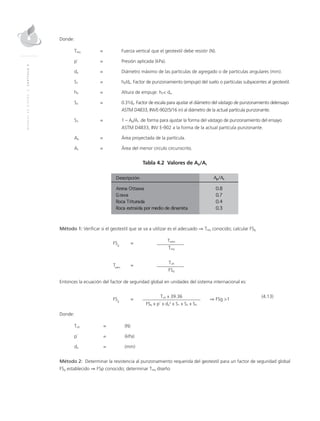 MANUALDEDISEÑO|CAPÍTULO4
Donde:
Treq	 =	 Fuerza vertical que el geotextil debe resistir (N).
p´	 =	 Presión aplicada (kPa).
da	 =	Diámetro máximo de las partículas de agregado o de partículas angulares (mm).
S1	 =	hh/da. Factor de punzonamiento (empuje) del suelo o partículas subyacentes al geotextil.
hh	 =	Altura de empuje: hh< da.	
S2	 = 	 0.31da. Factor de escala para ajustar el diámetro del vástago de punzonamiento delensayo
			ASTM D4833, INVE-902(5/16 in) al diámetro de la actual partícula punzonante.
S3	 = 	 1 – Ap/Ac .de forma para ajustar la forma del vástago de punzonamiento del ensayo
			ASTM D4833, INV E-902 a la forma de la actual partícula punzonante.
Ap	 =	 Área proyectada de la partícula.
Ac	 =	 Área del menor circulo circunscrito.
Tabla 4.2 Valores de Ap/Ac
Método 1: Verificar si el geotextil que se va a utilizar es el adecuado ⇒ Treq conocido; calcular FSg
	
FSg
	=
	Tadm
			Treq
	
Tadm
	=
	Tult
			 FSg
Entonces la ecuación del factor de seguridad global en unidades del sistema internacional es:
	
FSg
	=
	Tult x 39.36 	
⇒ FSg >1
	(4.13)
			FSp x p’ x da
2
x S1 x S2 x S3
Donde:
Tult	 = 	 (N)
p´ 	 =	 (kPa)
da	 =	(mm)
Método 2: Determinar la resistencia al punzonamiento requerida del geotextil para un factor de seguridad global
FSg establecido ⇒ FSp conocido; determinar Treq diseño
 