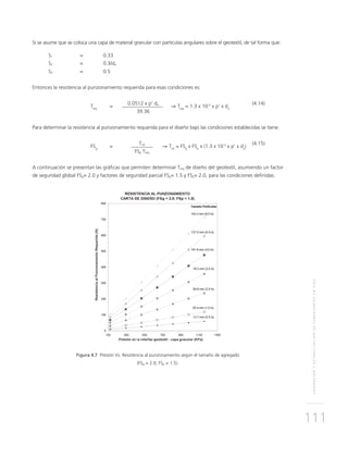 SEPARACIÓNYESTABILIZACIÓNDESUBRASANTESENVÍAS
111
Si se asume que se coloca una capa de material granular con partículas angulares sobre el geotextil, de tal forma que:
S1	 = 	 0.33
S2	 = 	 0.3/da
S3	 = 	 0.5
Entonces la resistencia al punzonamiento requerida para esas condiciones es:
	
Treq
	=
	 0.0512 x p’ da	
⇒ Treq
= 1.3 x 10-3
x p’ x da
	 (4.14)
			 39.36
Para determinar la resistencia al punzonamiento requerida para el diseño bajo las condiciones establecidas se tiene:
	
FSg
	 =
	Tult	
⇒ Tult
= FSg
x FSp
x (1.3 x 10-3
x p’ x da
)
	(4.15)
			 FSp Treq
A continuación se presentan las gráficas que permiten determinar Treq de diseño del geotextil, asumiendo un factor
de seguridad global FSg= 2.0 y factores de seguridad parcial FSp= 1.5 y FSp= 2.0, para las condiciones definidas.
Figura 4.7 Presión Vs. Resistencia al punzonamiento según el tamaño de agregado
(FSg = 2.0; FSp = 1.5).
 