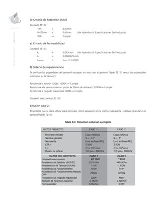 MANUALDEDISEÑO|CAPÍTULO4
d) Criterio de Retención (TAA)
Geotextil T2100:
TAA 	 < 	 0.60mm
0.425mm	 < 	 0.60mm 	 (Ver Apéndice A: Especificaciones De Productos)
TAA 	 ⇒ 	Cumple
e) Criterio de Permeabilidad
Geotextil T2100:
kg	 = 	 0.063cm/s	 (Ver Apéndice A: Especificaciones De Productos)
ks	 = 	 0.0000025cm/s
kgeotextil	 > 	 ksuelo ⇒ Cumple
f) Criterio de superviviencia
Se verifican las propiedades del geotextil escogido, en este caso el geotextil Tejido T2100 versus las propiedades
solicitadas en la Tabla 4.3.
Resistencia la tensión (Grab): 1300N ⇒ Cumple
Resistencia a la penetración con pistón de 50mm de diámetro: 5200N ⇒ Cumple
Resistencia al rasgado trapezoidal: 460N ⇒ Cumple
Geotextil seleccionado: T2100
Solución caso 2:
El geotextil que se debe utilizar para este caso, como separación en la interfaz subrasante - subbase granular es el
geotextil tejido T2100.
Tabla 4.4 Resumen solución ejemplos
 