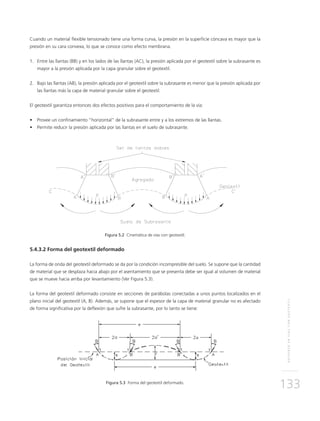 REFUERZOENVÍASCONGEOTEXTIL
133
Cuando un material flexible tensionado tiene una forma curva, la presión en la superficie cóncava es mayor que la
presión en su cara convexa, lo que se conoce como efecto membrana.
1. 	Entre las llantas (BB) y en los lados de las llantas (AC), la presión aplicada por el geotextil sobre la subrasante es
mayor a la presión aplicada por la capa granular sobre el geotextil.
2. 	 Bajo las llantas (AB), la presión aplicada por el geotextil sobre la subrasante es menor que la presión aplicada por
las llantas más la capa de material granular sobre el geotextil.
El geotextil garantiza entonces dos efectos positivos para el comportamiento de la vía:
•	 Provee un confinamiento “horizontal” de la subrasante entre y a los extremos de las llantas.
•	 Permite reducir la presión aplicada por las llantas en el suelo de subrasante.
Figura 5.2 Cinemática de vías con geotextil.
5.4.3.2 Forma del geotextil deformado
La forma de onda del geotextil deformado se da por la condición incompresible del suelo. Se supone que la cantidad
de material que se desplaza hacia abajo por el asentamiento que se presenta debe ser igual al volumen de material
que se mueve hacia arriba por levantamiento (Ver Figura 5.3).
La forma del geotextil deformado consiste en secciones de parábolas conectadas a unos puntos localizados en el
plano inicial del geotextil (A, B). Además, se supone que el espesor de la capa de material granular no es afectado
de forma significativa por la deflexión que sufre la subrasante, por lo tanto se tiene:
Figura 5.3 Forma del geotextil deformado.
 