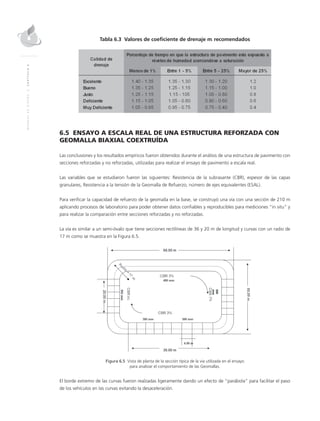 MANUALDEDISEÑO|CAPÍTULO6
Tabla 6.3 Valores de coeficiente de drenaje mi recomendados
6.5 ENSAYO A ESCALA REAL DE UNA ESTRUCTURA REFORZADA CON
GEOMALLA BIAXIAL COEXTRUÍDA
Las conclusiones y los resultados empíricos fueron obtenidos durante el análisis de una estructura de pavimento con
secciones reforzadas y no reforzadas, utilizadas para realizar el ensayo de pavimento a escala real.
Las variables que se estudiaron fueron las siguientes: Resistencia de la subrasante (CBR), espesor de las capas
granulares, Resistencia a la tensión de la Geomalla de Refuerzo, número de ejes equivalentes (ESAL).
Para verificar la capacidad de refuerzo de la geomalla en la base, se construyó una vía con una sección de 210 m
aplicando procesos de laboratorio para poder obtener datos confiables y reproducibles para mediciones “in situ” y
para realizar la comparación entre secciones reforzadas y no reforzadas.
La vía es similar a un semi-óvalo que tiene secciones rectilíneas de 36 y 20 m de longitud y curvas con un radio de
17 m como se muestra en la Figura 6.5.
Figura 6.5 Vista de planta de la sección típica de la vía utilizada en el ensayo
para analizar el comportamiento de las Geomallas.
El borde extremo de las curvas fueron realzadas ligeramente dando un efecto de “parábola” para facilitar el paso
de los vehículos en las curvas evitando la desaceleración.
 
