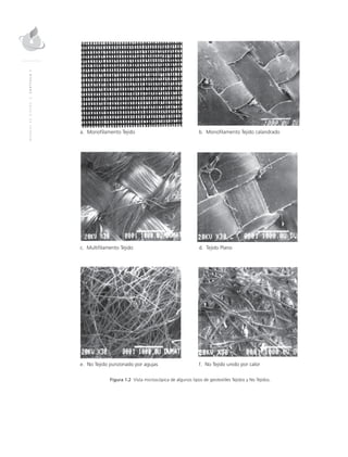 MANUALDEDISEÑO|CAPÍTULO1
	 a. Monofilamento Tejido	 b. Monofilamento Tejido calandrado
	 c. Multifilamento Tejido	 d. Tejido Plano
	 e. No Tejido punzonado por agujas	 f. No Tejido unido por calor
Figura 1.2 Vista microscópica de algunos tipos de geotextiles Tejidos y No Tejidos.
 