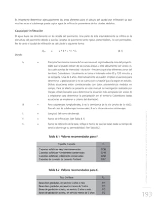 SISTEMASDESUBDRENAJEPARAVÍASCONGEOTEXTILYMATERIALGRANULAR
193
Es importante determinar adecuadamente las áreas aferentes para el cálculo del caudal por infiltración ya que
muchas veces el subdrenaje puede captar agua de infiltración proveniente de los taludes aledaños.
Caudal por infiltración
El agua lluvia cae directamente en la carpeta del pavimento. Una parte de éste inevitablemente se infiltra en la
estructura del pavimento debido a que las carpetas de pavimento tanto rígidas como flexibles, no son permeables.
Por lo tanto el caudal de infiltración se calcula de la siguiente forma:
	Qinf 	 = 	IR * B * L * Fi * FR	(8.1)
Donde:
IR	 = 	 Precipitación máxima horaria de frecuencia anual, registrada en la zona del proyecto.
Dato que se puede extraer de las curvas anexas a éste documento (ver anexo 3),
las cuales son las de intensidad - duración - frecuencia para las diferentes zonas del
territorio Colombiano. Usualmente se toma el intervalo entre 60 y 120 minutos y
se escoge la curva de 2 años. Alternativamente se pueden emplear ecuaciones para
determinar la precipitación si no se cuenta con curvas IDF para la región en estudio.
Dichas ecuaciones están correlacionadas con datos pluviométricos medidos en
campo. Para tal efecto se presenta en este manual la investigación realizada por
Vargas y Díaz-Granados para determinar la ecuación más apropiada (ver anexo 4)
a emplearse para determinar la precipitación en el territorio Colombiano (estas
ecuaciones se emplearan a criterio del diseñador).
B 	 = 	 Para subdrenajes longitudinales, b es la semibanca de la vía (ancho de la vía/2).
Para el caso de subdrenajes transversales, B es la distancia entre subdrenajes.
L 	 = 	Longitud del tramo de drenaje.
Fi	 = 	 Factor de infiltración. (Ver Tabla 8.1)
FR	 = 	 Factor de retención de la base, refleja el hecho de que las bases dada su tiempo de
servicio disminuye su permeabilidad. (Ver Tabla 8.2)
Tabla 8.1 Valores recomendados para Fi
Tabla 8.2 Valores recomendados para FR
 