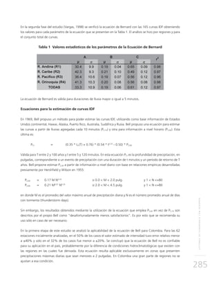 SISTEMASDESUBDRENAJECONGEODRÉN
285
En la segunda fase del estudio (Vargas, 1998) se verificó la ecuación de Bernard con las 165 curvas IDF obteniendo
los valores para cada parámetro de la ecuación que se presentan en la Tabla 1. El análisis se hizo por regiones y para
el conjunto total de curvas.
Tabla 1 Valores estadísticos de los parámetros de la Ecuación de Bernard
La ecuación de Bernard es válida para duraciones de lluvia mayor o igual a 5 minutos.
Ecuaciones para la estimación de curvas IDF
En 1969, Bell propuso un método para poder estimar las curvas IDF, utilizando como base información de Estados
Unidos continental, Hawai, Alaska, Puerto Rico, Australia, Sudáfrica y Rusia. Bell propuso una ecuación para estimar
las curvas a partir de lluvias agregadas cada 10 minutos (P2,10) y otra para información a nivel horario (P2,60). Esta
última es:
PT,t 	 = 	 (0.35 * Ln(T) + 0.76) * (0.54 * t0.25
- 0.50) * P2,60
Válida para T entre 2 y 100 años y t entre 5 y 120 minutos. En esta ecuación PT,t es la profundidad de precipitación, en
pulgadas, correspondiente a un evento de precipitación con una duración de t minutos y un período de retorno de T
años. Bell propone estimar P2,60 a partir de información a nivel diario con base en relaciones empíricas desarrolladas
previamente por Hershfield y Wilson en 1955:
P2,60	 =	 0.17 M N0.33
	 si 0.0 < M < 2.0 pulg.	 y 1 < N <=80
P2,60	 =	 0.21 M0.67
N0.33
	 si 2.0 < M < 4.5 pulg.	 y 1 < N <=80
en donde M es el promedio del valor máximo anual de precipitación diaria y N es el número promedio anual de días
con tormenta (thunderstorm days).
Sin embargo, los resultados obtenidos mediante la utilización de la ecuación que emplea P2,60 en vez de P2,10 son
descritos por el propio Bell como “desafortunadamente menos satisfactorios”. Es por esto que se recomienda su
uso sólo en caso de ser necesario.
En la primera etapa de este estudio se analizó la aplicabilidad de la ecuación de Bell para Colombia. Para las 62
estaciones inicialmente analizadas, en el 50% de los casos el valor estimado de intensidad tuvo error relativo menor
a ±40% y solo en el 32% de los casos fue menor a ±20%. Se concluyó que la ecuación de Bell no es confiable
para su aplicación en el país, probablemente por la diferencia de condiciones hidroclimatológicas que existen con
las regiones en las cuales fue derivada. Esta ecuación resulta aplicable exclusivamente en zonas que presenten
precipitaciones máximas diarias que sean menores a 2 pulgadas. En Colombia una gran parte de regiones no se
ajustan a esa condición.
 