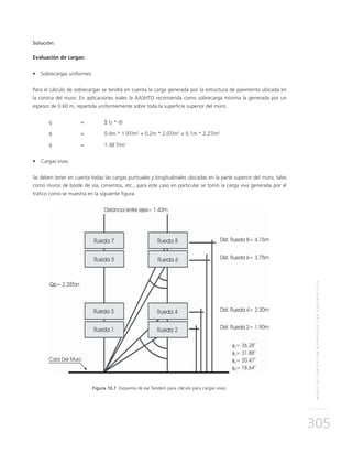 MUROSDECONTENCIÓNREFORZADOSCONGEOSINTÉTICOS
305
Solución:
Evaluación de cargas:
•	 Sobrecargas uniformes
Para el cálculo de sobrecargas se tendrá en cuenta la carga generada por la estructura de pavimento ubicada en
la corona del muro. En aplicaciones viales la AASHTO recomienda como sobrecarga mínima la generada por un
espesor de 0.60 m, repartida uniformemente sobre toda la superficie superior del muro.
q 	 =	 Σ (γ * d)
q 	 = 	 0.4m * 1.9T/m2
+ 0.2m * 2.0T/m2
+ 0.1m * 2.2T/m2
q	 = 	 1.38 T/m2
•	 Cargas vivas
Se deben tener en cuenta todas las cargas puntuales y longitudinales ubicadas en la parte superior del muro, tales
como muros de borde de vía, cimientos, etc., para este caso en particular se tomó la carga viva generada por el
tráfico como se muestra en la siguiente figura.
Figura 10.7 Esquema de eje Tandem para cálculo para cargas vivas.
 