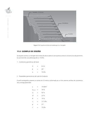 MANUALDEDISEÑO|CAPÍTULO11
Figura 11.4 Esquema de obras de subdrenaje en un terraplén.
11.6 EJEMPLO DE DISEÑO
Se requiere construir un terraplén de 6 metros de altura sobre el cual se piensa construir una estructura de pavimento
la cual transmite una sobrecarga de q = 10 kPa.
1.	Condiciones geométricas del talud
	 H 	 = 	 6.0 m
	 β 	 = 	 45°
	 q 	 = 	 10 kPa
2.	 Propiedades geomecánicas del suelo de fundación
El perfil estratigráfico presenta un estrato de 10 metros conformado por un limo arenoso arcilloso de consistencia
dura, de baja plasticidad.
	 γt	 = 	 19 kN/m3
	 ωnatural	 = 	 18 %
	LL 	 = 	 42 %
	LP 	 = 	 23 %
	IP 	 = 	 19 %
	cu	 = 	 12.7 kPa
	 φ’ 	 = 	 27°
	 c’ 	 = 	 10 kPa
 