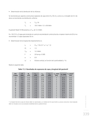 REFUERZODETALUDES
339
•	 Determinación de la distribución de los refuerzos:
Se recomienda por aspectos constructivos espesores de capa entre 25 y 50 cm y como es un terraplén de 6 m de
altura se recomienda una distribución uniforme.
	Tg	 = 	Ttotal / N
	Tg	 = 	 105.7 kN/m / 12 = 8.8 kN/m
El geotextil Tejido T2100 presenta un Tadm de 12.3 kN/m
N = 105.7/12 ≈ 9 capas pero teniendo en cuenta la recomendación constructiva de un espesor máximo de 50 cm se
recomiendan 12 capas espaciadas 50 cm.
•	 Determinación de la longitud de empotramiento Le:
	Le 	 = 	 (Tadm * FS) / (F * α * σv’ * 2)
	 FS 	 = 	 1.5
	Tadm 	 =	 12.3 kN/m
	 F 	 = 	 2/3 tan φ = 0.385
	 α 	 = 	 0.9
	 σv’	 = 	Esfuerzo vertical, es función de la profundidad (γ * h)
Realice la siguiente tabla:
Tabla 11.3 Resultados de espesores de capa y longitud del geotextil
* La longitud total de las capas de refuerzo deben ser aproximadas a un múltiplo de 0.5m para facilitar su proceso constructivo. Estas longitudes
deben ser revisadas una vez sea evaluada la estabilidad externa y global del talud.
 